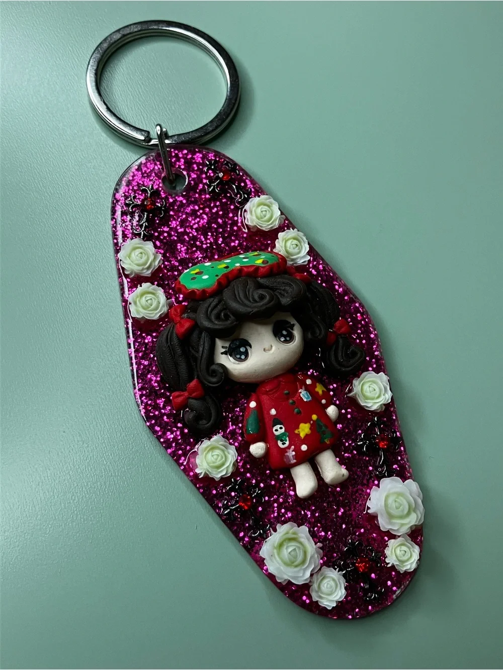 Handmade Glitter Pink Holiday Clay Doll Keychain with Roses & Crosses